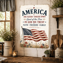 Load image into Gallery viewer, Patriotic farmhouse America sign styled in rustic Americana home setting with vintage country decor in kitchen
