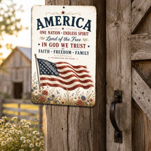 Load image into Gallery viewer, Patriotic America wall sign displayed on rustic farmhouse barn wood with Americana country decor
