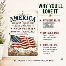 Load image into Gallery viewer, Patriotic American flag aluminum sign highlighting durable glossy finish and farmhouse wall decor styling
