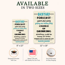 Load image into Gallery viewer, Two Backyard Forecast signs with humorous text about backyard activities and drinking, with size options and brand information.
