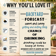 Load image into Gallery viewer, A decorative metal sign with a weathered cream background and black text, styled on a wooden surface with a blurred outdoor background. The sign reads 'BACKYARD FORECAST' with humorous text about drinking and relaxation.
