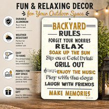 Load image into Gallery viewer, backyard rules sign in rustic outdoor setting with feature icons durable aluminum weather resistant easy to hang patio decor
