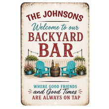 Load image into Gallery viewer, Personalized backyard bar metal sign with rustic patio decor styling
