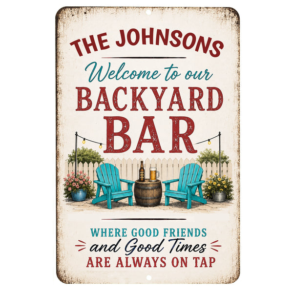 Personalized backyard bar metal sign with rustic patio decor styling