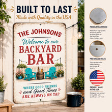 Load image into Gallery viewer, Personalized backyard bar sign showing premium aluminum material and pre-drilled holes

