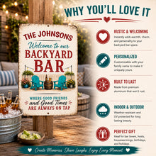 Load image into Gallery viewer, Backyard bar sign infographic showing personalized outdoor patio decor features
