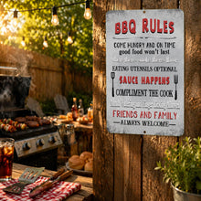 Load image into Gallery viewer, BBQ rules sign on wooden post in backyard grilling scene with barbecue and outdoor patio decor

