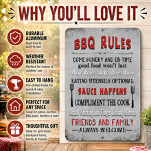 Load image into Gallery viewer, Why You’ll Love It image for BBQ Rules aluminum grill sign
