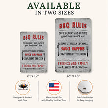 Load image into Gallery viewer, BBQ Rules metal sign shown in available 8x12 and 12x18 sizes
