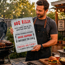 Load image into Gallery viewer, Funny BBQ Rules sign held by grill master at backyard barbecue

