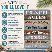 Load image into Gallery viewer, Why You'll Love It graphic featuring the Beach Rules metal sign and coastal decor benefits
