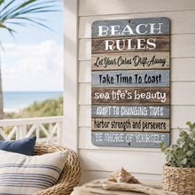 Load image into Gallery viewer, Beach Rules metal sign displayed on a coastal porch with ocean view and relaxed beach house decor
