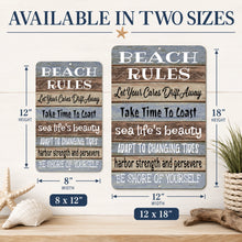 Load image into Gallery viewer, Beach Rules metal sign available in 8x12 and 12x18 sizes
