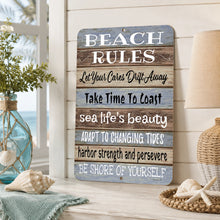 Load image into Gallery viewer, Beach Rules metal sign displayed in a bright coastal home with seashells and beach decor
