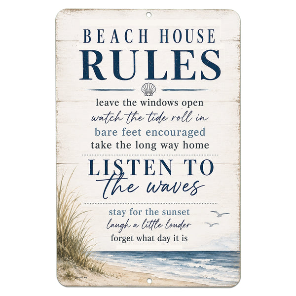 Beach House Rules metal sign with coastal ocean inspired design and quotes