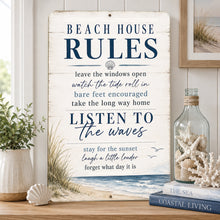 Load image into Gallery viewer, Coastal Beach House Rules sign displayed in a bright beach-inspired room

