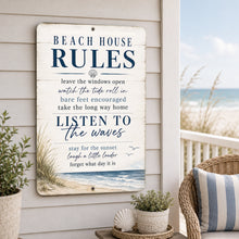 Load image into Gallery viewer, Beach House Rules metal sign hanging on coastal porch style wall decor
