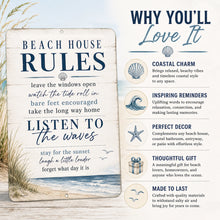 Load image into Gallery viewer, Beach House Rules decorative metal sign with coastal themed artwork
