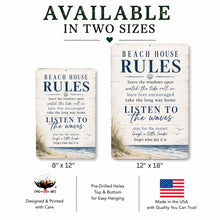 Load image into Gallery viewer, Two 'Beach House Rules' signs with text and beach-themed graphics, available in two sizes.
