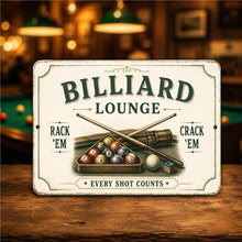 Load image into Gallery viewer, Decorative sign for a Billiard Lounge with pool balls and cues on a wooden surface.
