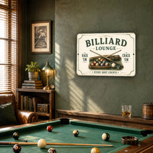 Load image into Gallery viewer, Vintage Billiard Lounge metal sign displayed in a stylish home billiards room above a pool table
