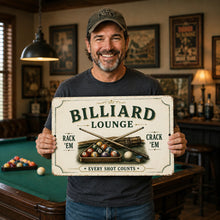 Load image into Gallery viewer, Man holding a vintage Billiard Lounge aluminum sign for pool room and man cave wall decor
