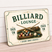 Load image into Gallery viewer, Close-up of the vintage Billiard Lounge aluminum sign showing distressed artwork and premium print quality
