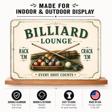 Load image into Gallery viewer, Features of the vintage Billiard Lounge metal sign including lightweight aluminum construction and pre-drilled mounting holes
