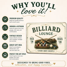 Load image into Gallery viewer, Why you'll love this vintage Billiard Lounge metal sign featuring durable aluminum construction and easy hanging
