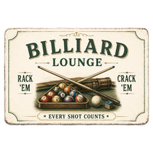 Load image into Gallery viewer, Billiard Lounge metal sign with vintage pool cues and billiard balls for man cave or game room decor

