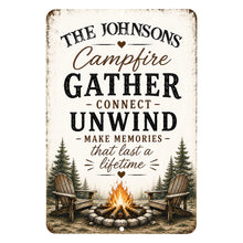 Load image into Gallery viewer, Personalized Campfire Gather Connect Unwind rustic metal sign isolated on white background
