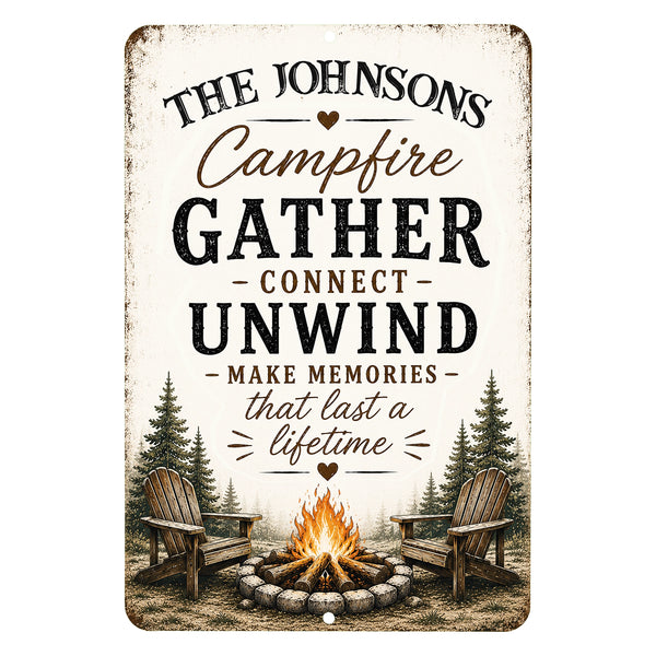 Personalized Campfire Gather Connect Unwind rustic metal sign isolated on white background