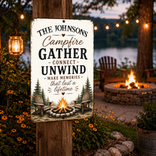 Load image into Gallery viewer, Personalized campfire metal sign hanging beside outdoor fire pit at dusk
