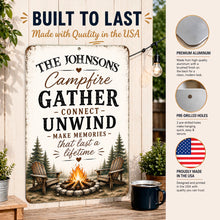 Load image into Gallery viewer, Rustic personalized campfire sign showing durable aluminum construction details
