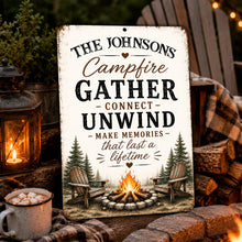 Load image into Gallery viewer, Personalized campfire sign displayed in cozy rustic indoor cabin bar setting
