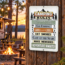 Load image into Gallery viewer, Camping Rules metal sign displayed at a cozy outdoor campsite with fire pit and string lights
