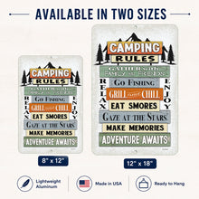 Load image into Gallery viewer, Camping Rules metal sign size guide showing 8 x 12 and 12 x 18 options
