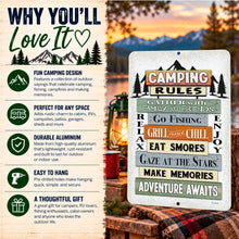 Load image into Gallery viewer, Why You’ll Love It graphic featuring Camping Rules sign with durable aluminum, easy hanging and camping decor benefits
