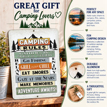 Load image into Gallery viewer, Great gift for camping lovers graphic featuring Camping Rules metal sign for RV owners, campers and outdoor enthusiasts
