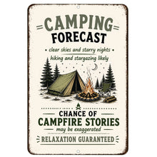 Load image into Gallery viewer, Camping Forecast metal sign featuring vintage tent campfire and camping decor with clear skies and starry nights design
