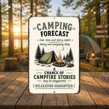 Load image into Gallery viewer, Close up of Camping Forecast metal sign showing vintage camping artwork and campfire design
