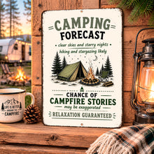 Load image into Gallery viewer, Camping Forecast camping sign displayed at campsite with RV campfire lantern and vintage camping decor
