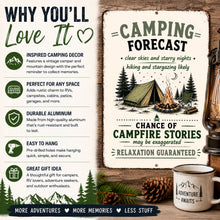 Load image into Gallery viewer, Camping Forecast camping sign highlighting durable aluminum construction and outdoor decor features
