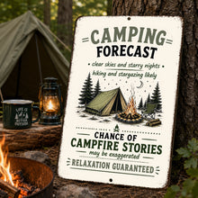 Load image into Gallery viewer, Camping-themed sign with a campfire and tent illustration, surrounded by camping gear and a lantern.
