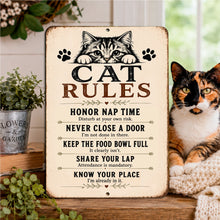 Load image into Gallery viewer, Cat Rules metal sign featuring inspiring house rules for cat lovers displayed on a table beside a calico cat
