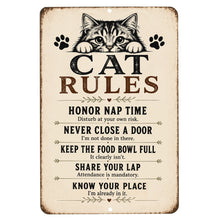 Load image into Gallery viewer, Funny Cat Rules metal sign featuring humorous house rules for cat lovers on vintage farmhouse aluminum wall décor.
