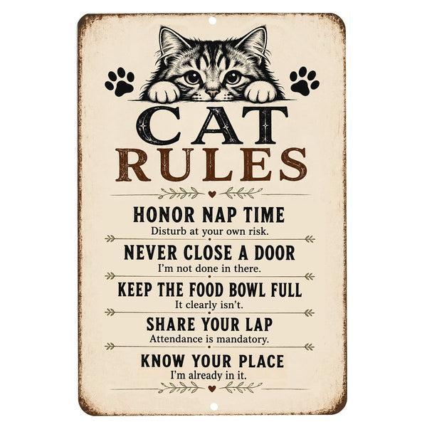 Funny Cat Rules metal sign featuring humorous house rules for cat lovers on vintage farmhouse aluminum wall décor.