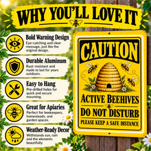Load image into Gallery viewer, Yellow apiary warning sign pictured with product benefits including visible caution lettering, aluminum construction, and convenient mounting.
