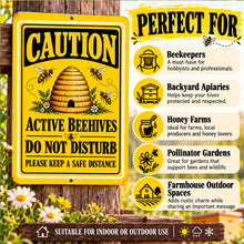 Load image into Gallery viewer, Active Beehives aluminum caution sign shown with suggested uses for backyard beekeepers, apiaries, homesteads, and honey-producing farms.
