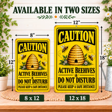 Load image into Gallery viewer, Yellow and black beekeeping warning metal sign displayed in 8 by 12 inch and 12 by 18 inch sizes with Keep a Safe Distance wording.
